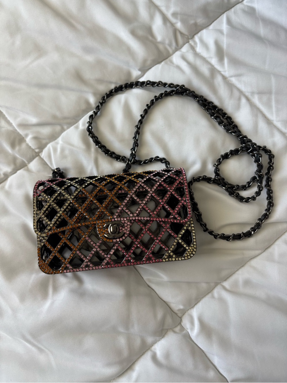 Inspired Embellished Black Chain Crossbody Bag with Multicolor Crystal Lattice